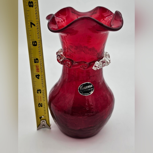 Kanawha Ruby Red Crackle Blown Glass Applied Clear Ribbon Vase 7.5" Tall - Picture 5 of 5
